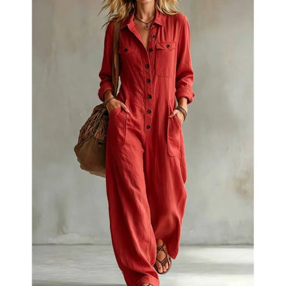 Autumn New Fashion Linen Single Breasted Double Pocket Women's Work Jumpsuit Casual Loose Vacation Female Rompers 2026