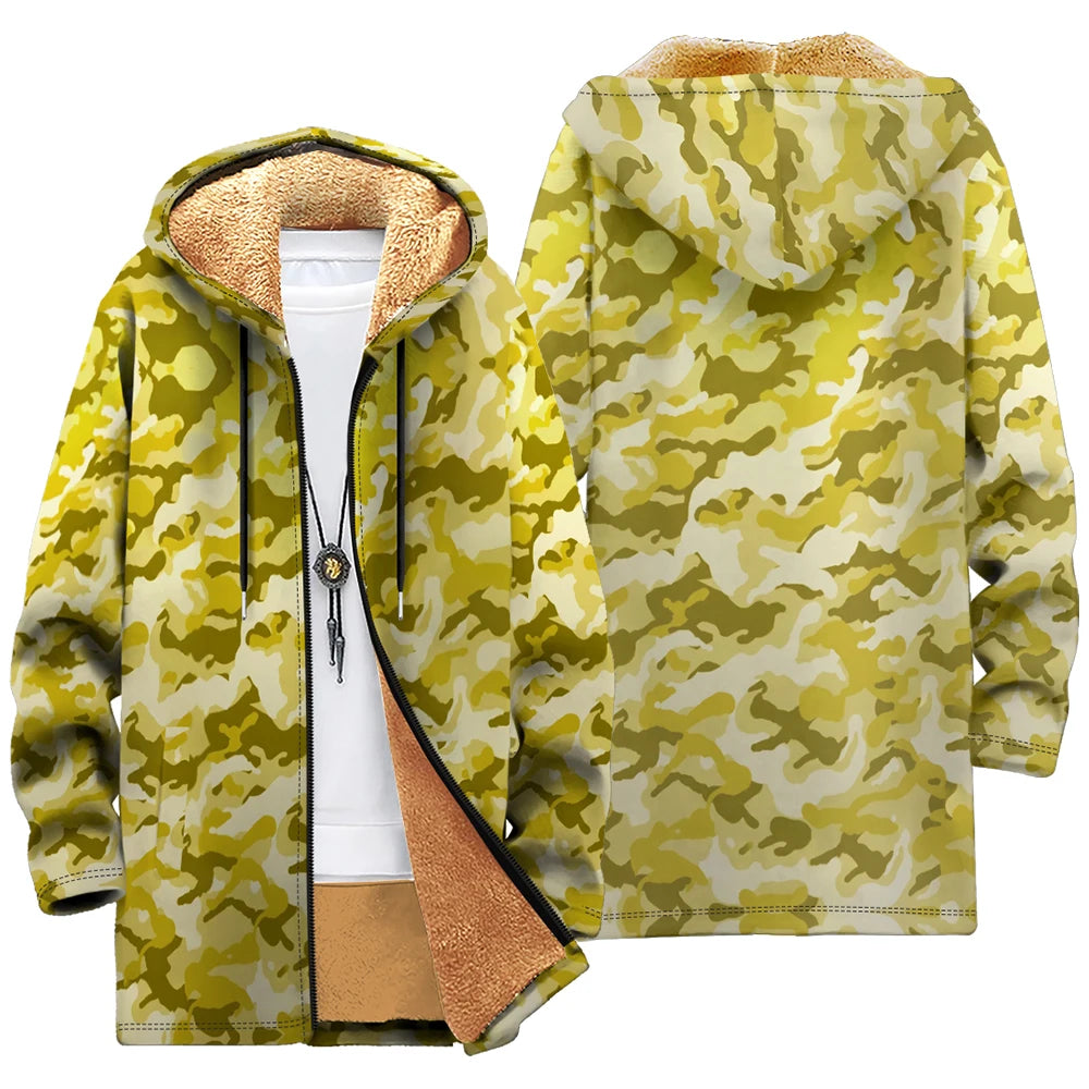 Winter Cozy Camouflage Fleece-Lined Hooded Jackets Warm Tactics Style Coats Faux Fur Outdoor Camping Casual Streetwear Fashion