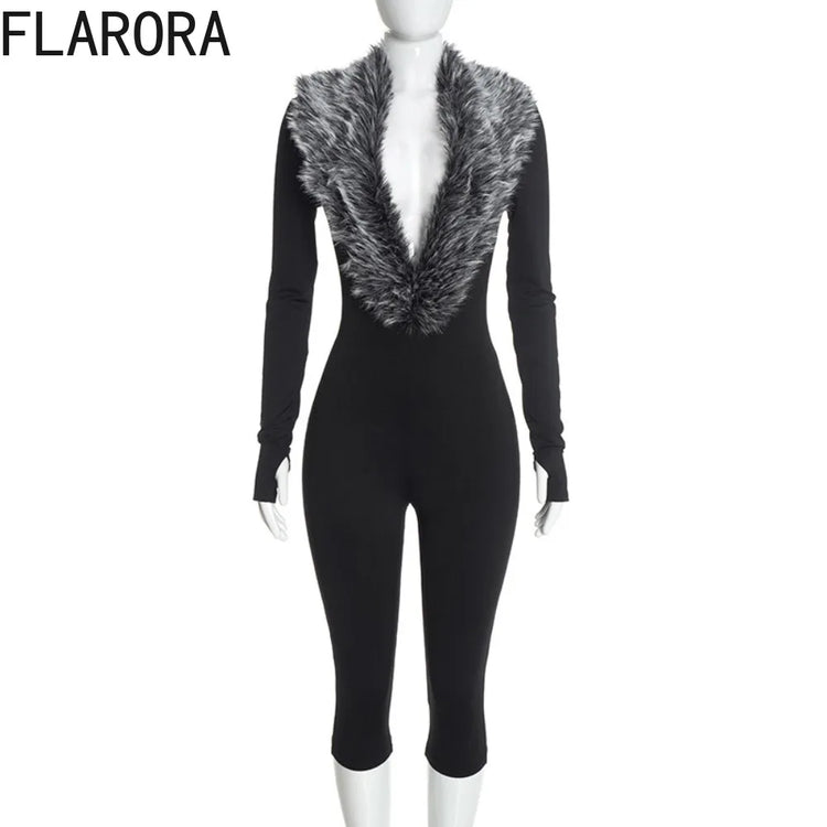 FLARORA Sexy Faux Fur Patchwork Capri Jumpsuits Woman Deep V Neck Full Sleeve Skinny Peach Hip Midnight Party Clubwear Overalls