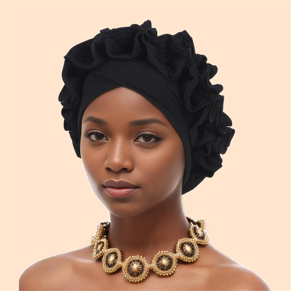 Ruffled Turban Cap Women's Head Wraps Soft Comfortable Headscarf Bonnet Lady Soild Color Headgear
