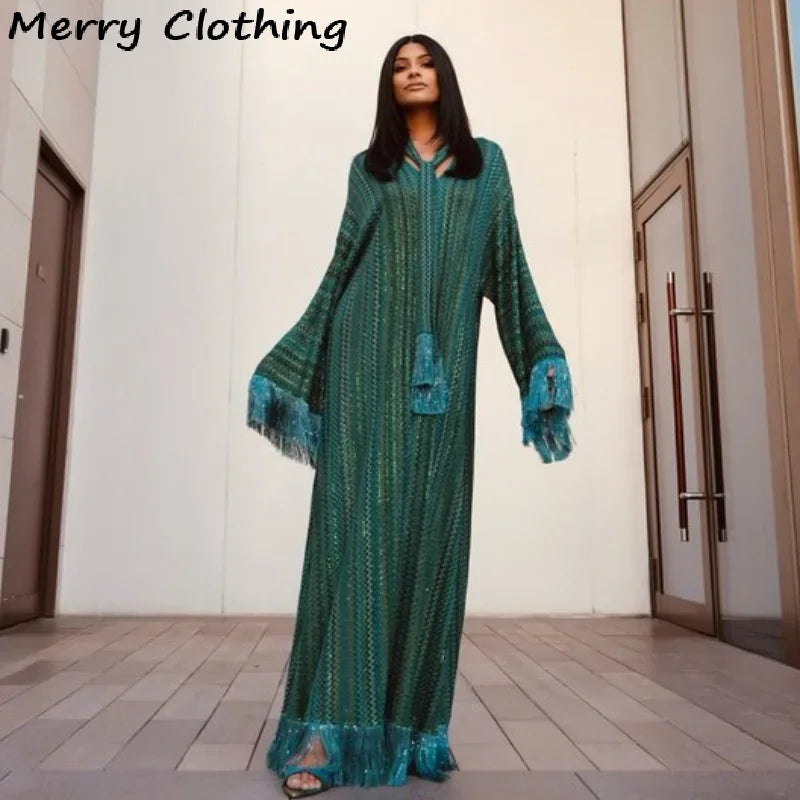 Elegant Tassel Hem Maxi Dress Women V-neck Long Sleeve with Scarf Loose Dresses 2026 NEW Spring Luxury Lady Party Evening Gowns