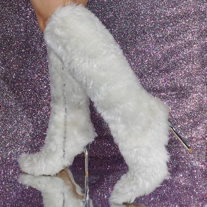 Lemon Yellow Fur Knee High Boots Women Full Fluffy Fur Pointed Toe Orange High Heels Winter Boots Female Fashion Warm Snow Shoes