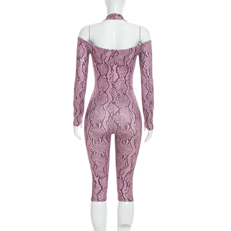 FLARORA Sexy Serpentine Print Jumpsuits Woman Halter Off-shoulder Full Sleeve Skinny Peach Hip Playsuits Hottie Party Clubwear