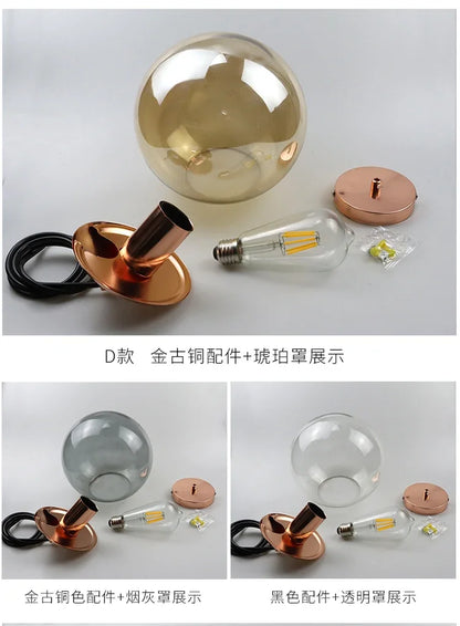 Modern Simple Glass Chandelier Bar Counter Restaurant Gold Hanging Lights Silver Metal Amber Ashtray Ball Glass Suspension Lamp