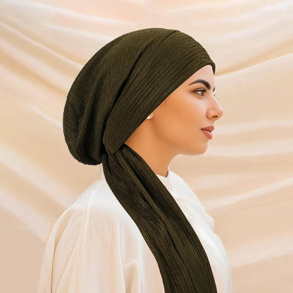2026 New Solid Color Turban Hijab Hats Long Tail Head Wraps Elastic Muslim Hats Breathable Chemo Cap For Women Girls