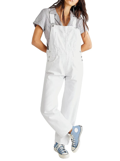 Women Spring Casual Wide Leg Denim Jumpsuits Loose Wide Strap Suspender Pocket Overalls Baggy Long Jeans Bib Pants Rompers