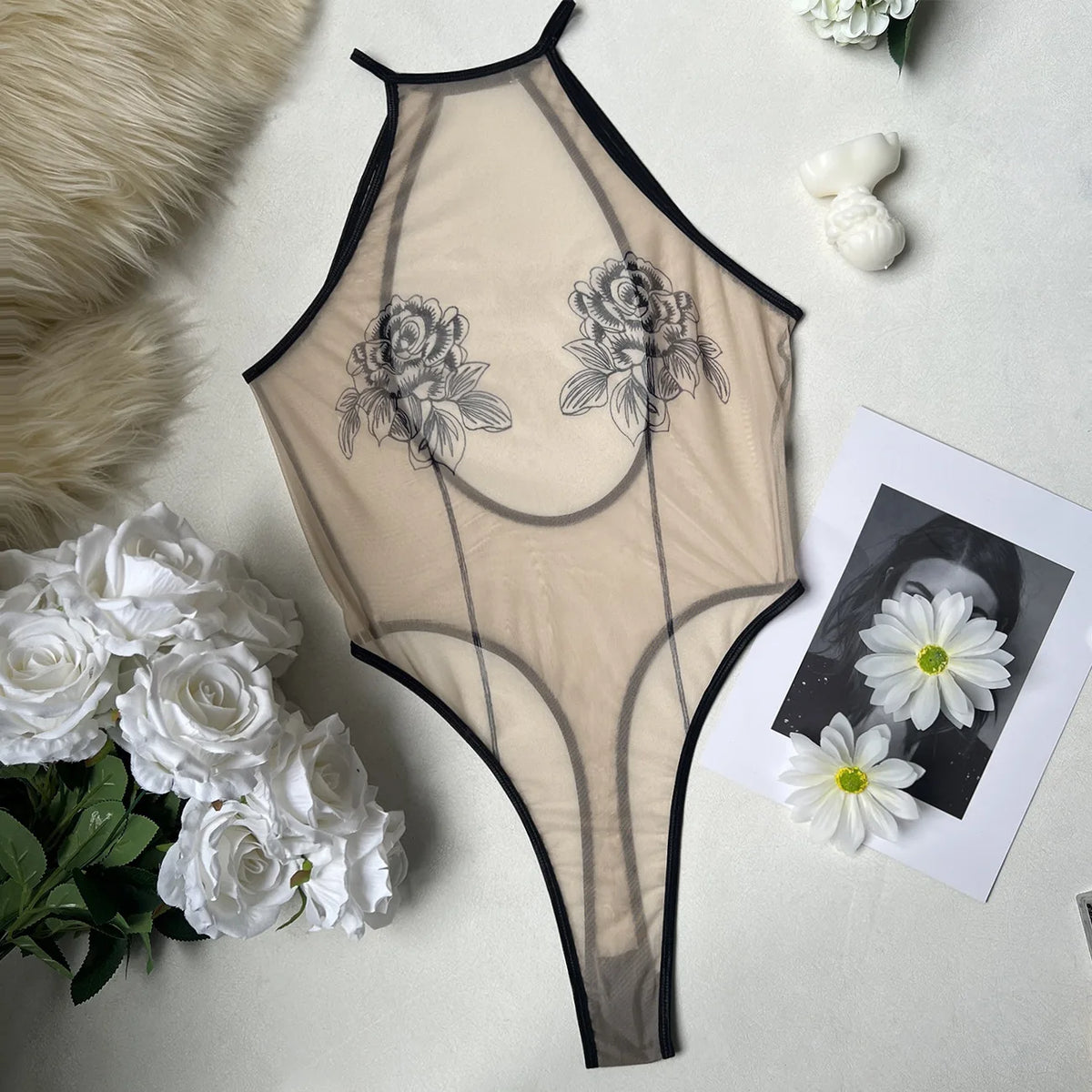 Sexy Women's Hollow Out Tight Pants Backless Bodysuits Hanging Neck Sleeveless Transparent Flower Print Bodysuits Charming UPSY