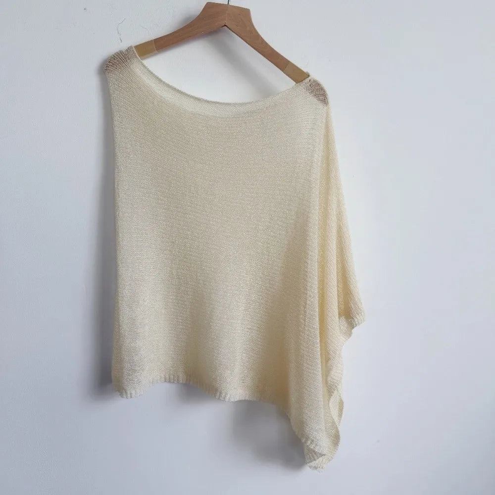 Casual Drop Shoulder Crochet Poncho Sweater Sheer Multi-wear Halter Shawl Irregular Knitted Cover-ups Vacation Outfits