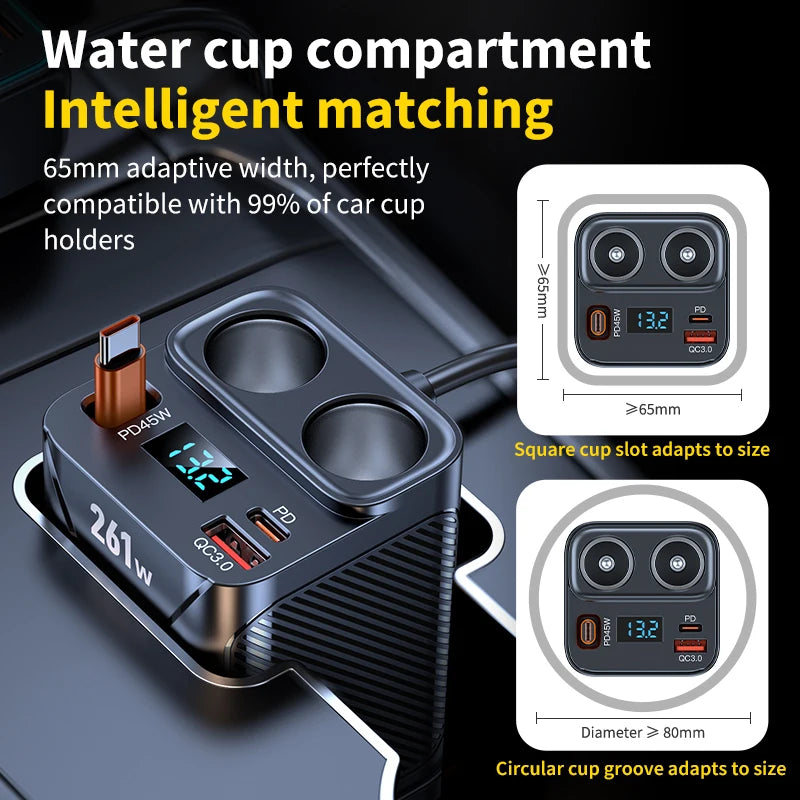 7 in 1 Cigarette Lighter Adapter Cup Holder 261W Car Charger Adapter with PD45W Charge 24V/12V Cigarette Lighter LED Voltmeter