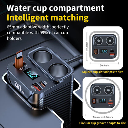 7 in 1 Cigarette Lighter Adapter Cup Holder 261W Car Charger Adapter with PD45W Charge 24V/12V Cigarette Lighter LED Voltmeter