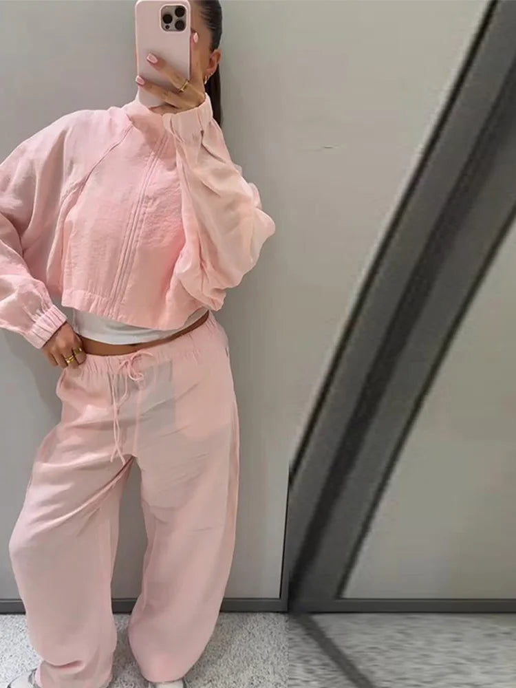 Stand Collar Thin Cropped Coats Pants Suits Women Street Lantern Long Sleeve Zipper Loose Tops Drawstring Wide Leg Trousers Sets