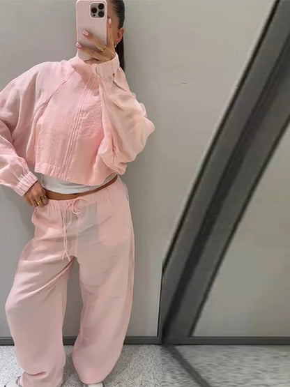 Stand Collar Thin Cropped Coats Pants Suits Women Street Lantern Long Sleeve Zipper Loose Tops Drawstring Wide Leg Trousers Sets