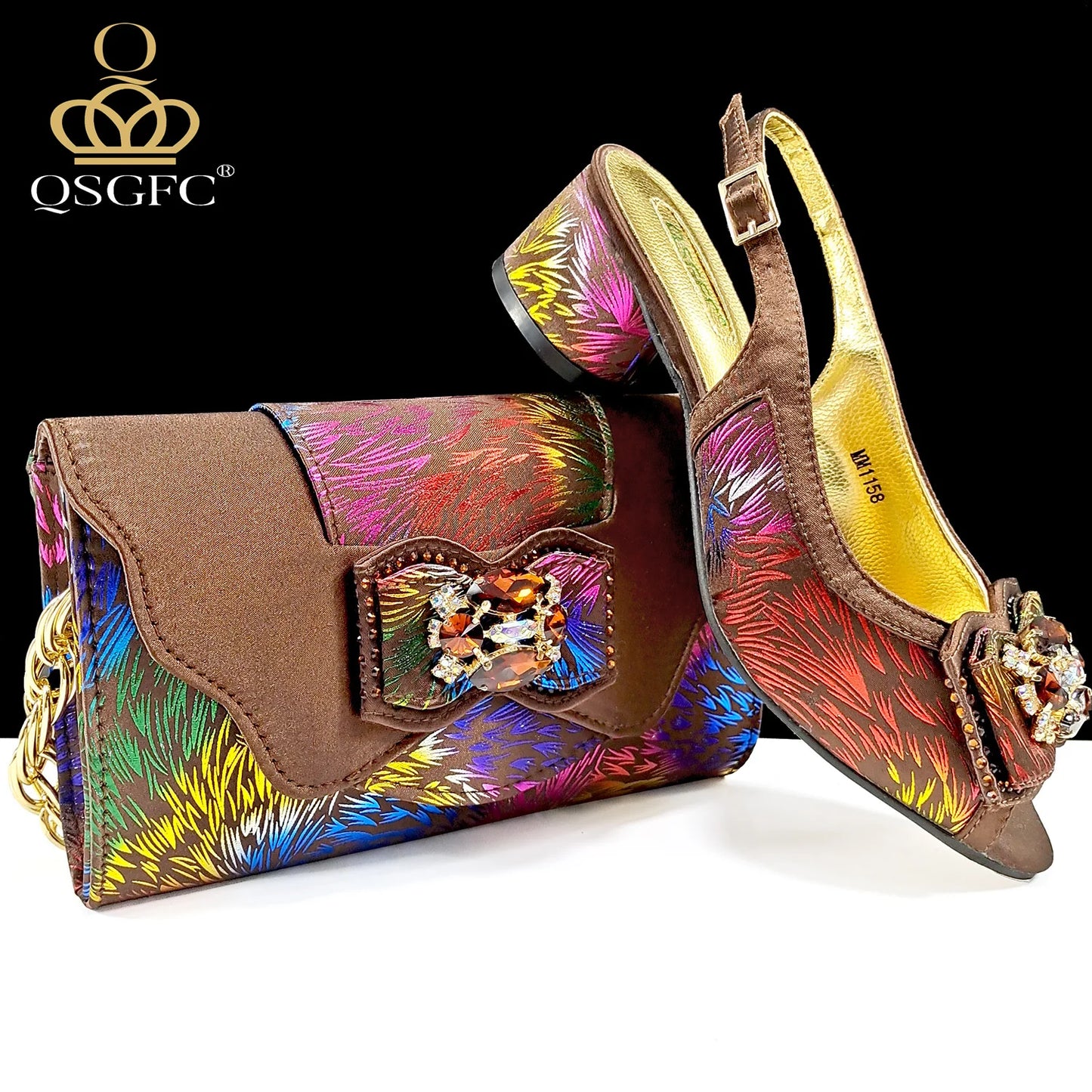 QSGFC Italian Design Color Matching Rhinestone Comfortable High Heel Shoes And Bag Fashion Style Pointed-Toe Shoes For Women
