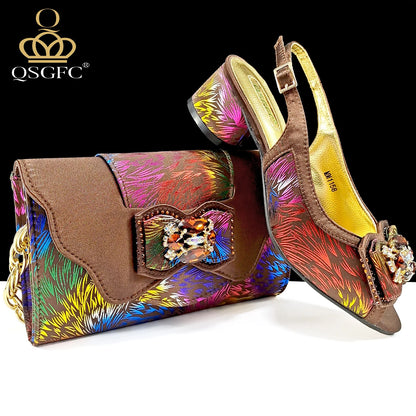 QSGFC Italian Design Color Matching Rhinestone Comfortable High Heel Shoes And Bag Fashion Style Pointed-Toe Shoes For Women