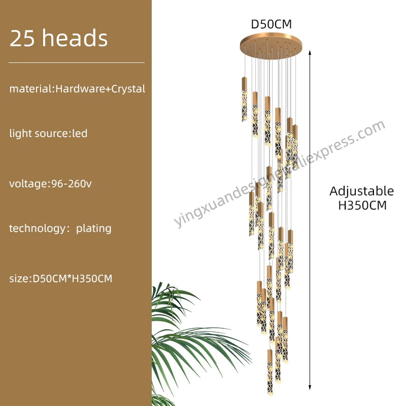 Crystal Staircase Pendant Lamp Modern Gold Lighting Fixture Ceiling Hang Pendant Light Luster Indoor Villa Loft Stair Chandelier