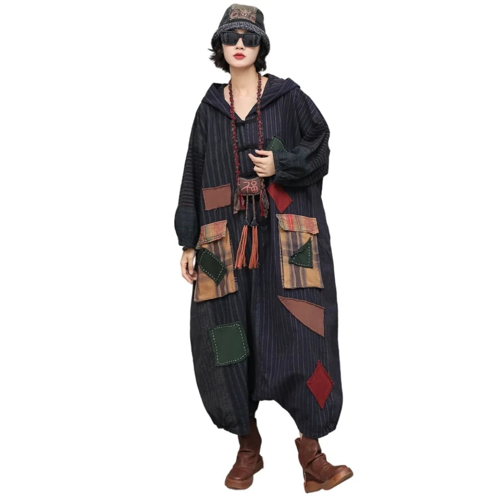 Unique Vintage-style Patchwork Jumpsuit Women Autumn Loose Hooded Long Sleeves Overalls LX6788