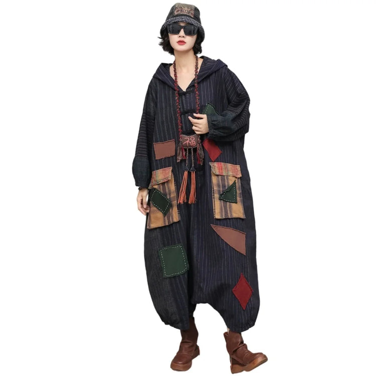 Unique Vintage-style Patchwork Jumpsuit Women Autumn Loose Hooded Long Sleeves Overalls LX6788