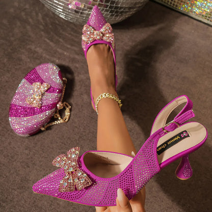 Venus Chan Green Color Pointed-Toe High Women Heels Shoes and Bags for Women Rhinestone Evening Party Elegant Luxury Handbag