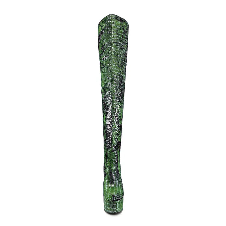 15CM Chunky Heel Platform Woman Over-the-knee Snake Pattern Boots Wild T Show Shoes Sexy Slimming Stretch Thigh Boots For Women