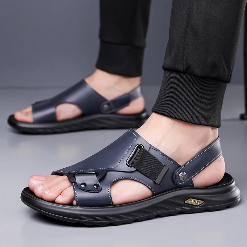 2026New Summer Mens Summer Outdoor Sandals 2-in-1 Beach Walking Shoe Genuine Leather Business Driving Shoe Flat Designer Sandals