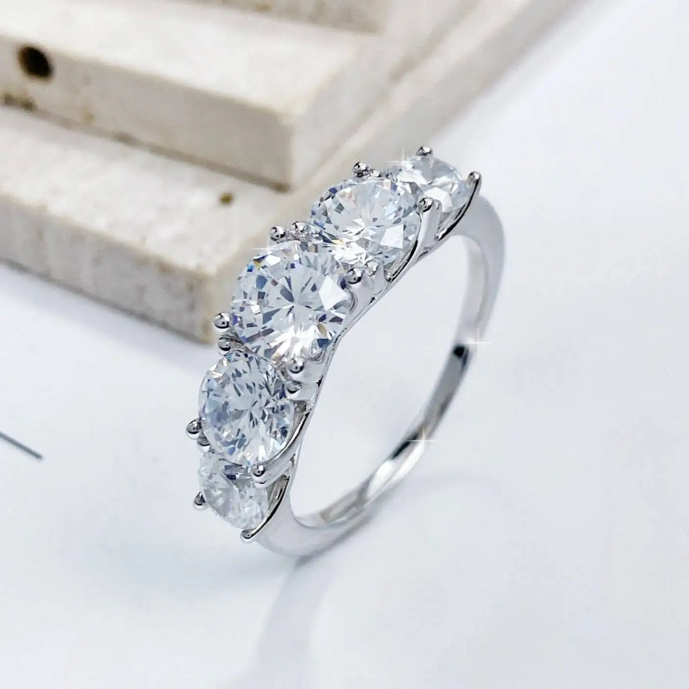 3.6CT All Moissanite Rings For Women 5 Stones Sparkling Dia Wedding Band 100% Sterling Silver Jewelry