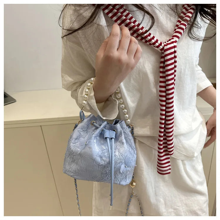 Sweet Butterfly Women Drawstring Bucket Shoulder Bags Versatile Ladies Crossbody Bag Clutch Fashion Girls Pearl Chain Handbags