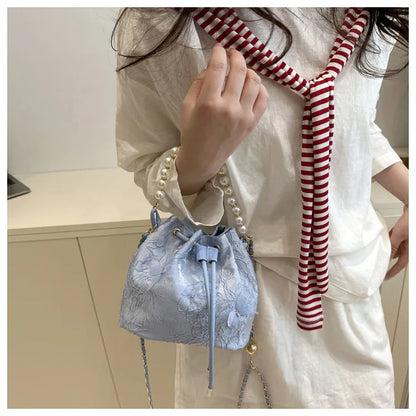 Sweet Butterfly Women Drawstring Bucket Shoulder Bags Versatile Ladies Crossbody Bag Clutch Fashion Girls Pearl Chain Handbags