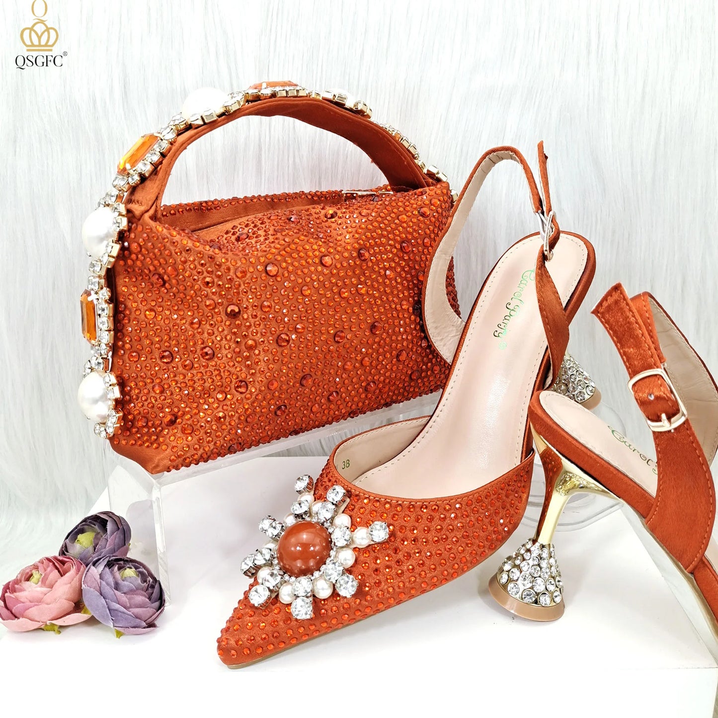 QSGFC 2026 New Fashion Purple Sandals Sequins Rhinestone Point Toe High Heels Slingback Women's Dress Women's Shoes & Bag Set