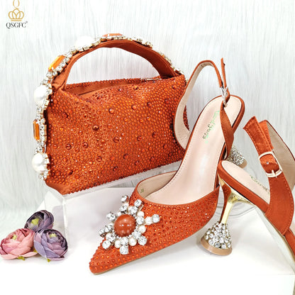 QSGFC 2026 New Fashion Purple Sandals Sequins Rhinestone Point Toe High Heels Slingback Women's Dress Women's Shoes & Bag Set
