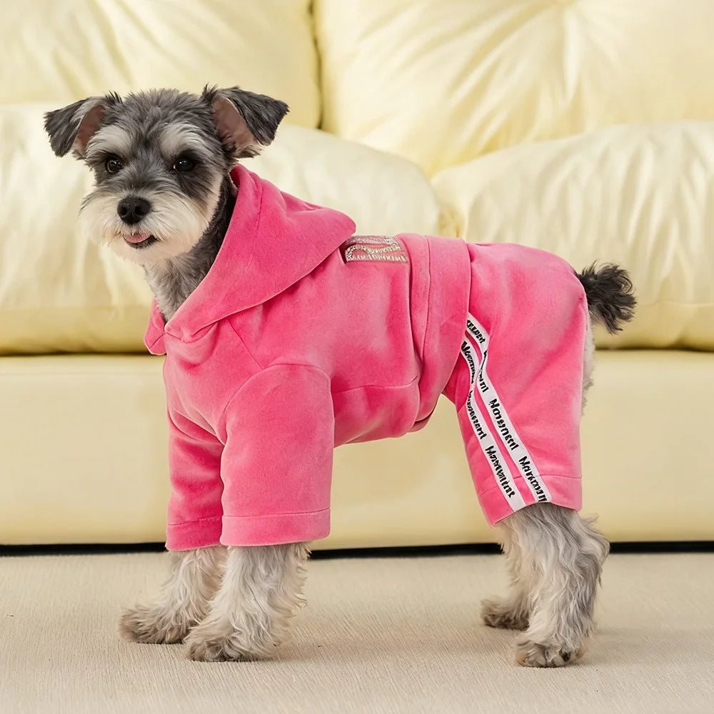 Soft Velvet Dog Jumpsuit Puppy Pajamas Onesie with Hoodie Pet Apparel Spring Autumn Cozy Dog Clothes for Small Medium Dogs