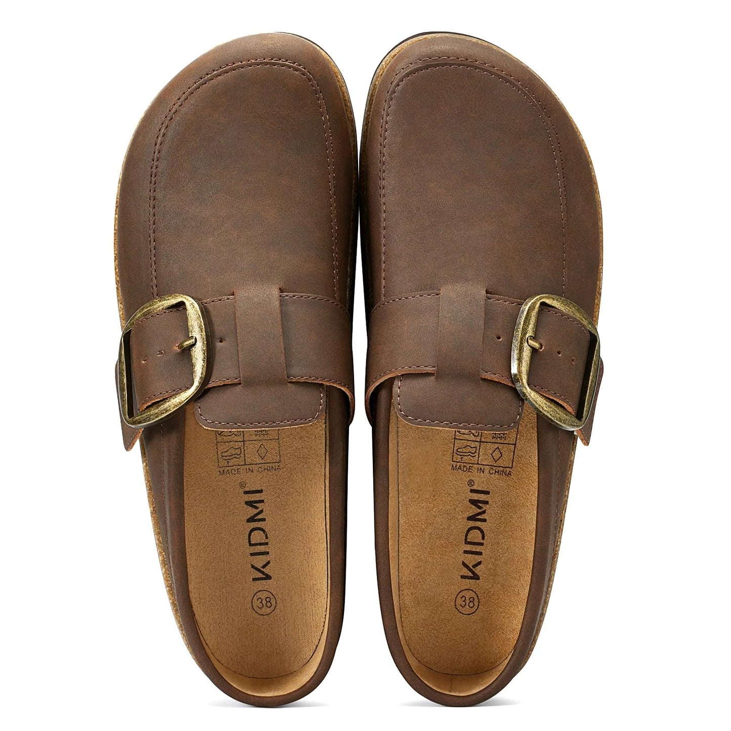 Evshine Women Loafer Style Clog Slippers Vegan Leather Adjustable Big Buckle Cork Footbed Casual Ladies House Home Slippers