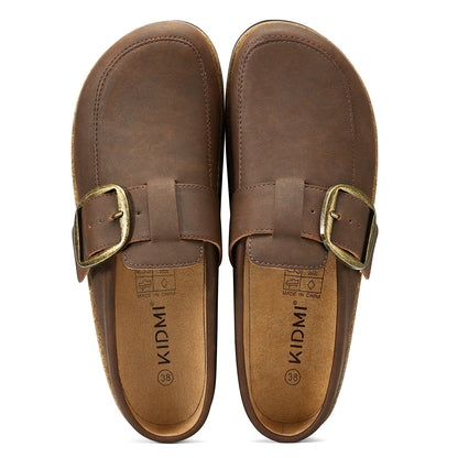 Evshine Women Loafer Style Clog Slippers Vegan Leather Adjustable Big Buckle Cork Footbed Casual Ladies House Home Slippers
