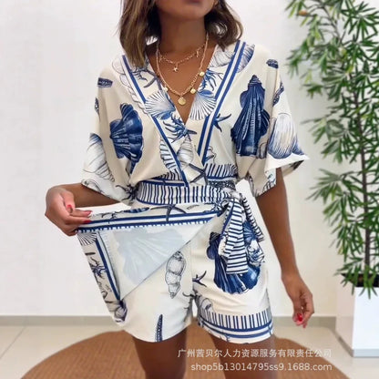 Rompers Women V Neck Half Sleeve One Piece Short Pant Tight Waist Lace Up Y2k Streetwear Jumpsuit Work Beach Casual Floral Print