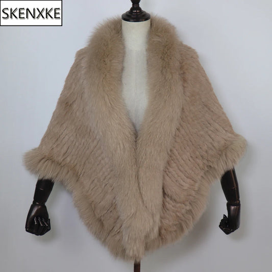 Women 100% Real Rabbit Fur Shawl Scarf With Fox Fur Collar Winter Warm Knitted Rabbit Fur Poncho Girls Party Fashion Accessories