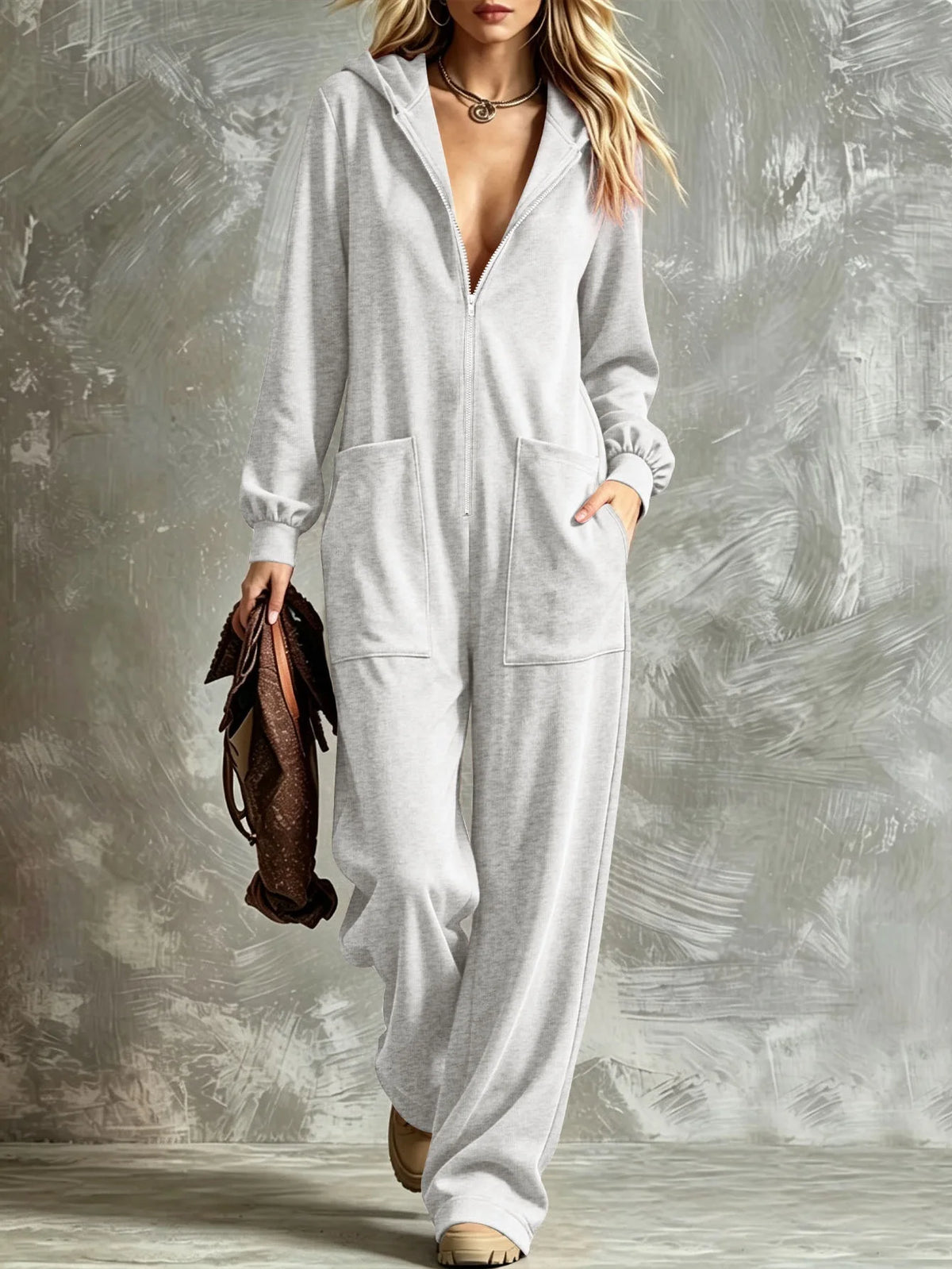 2026 Autumn New Fashion Hooded Zipper Women's Jumpsuit Casual Loose Jumpsuit Straight Pants Pocket Rompers Lazy Female Home Wear