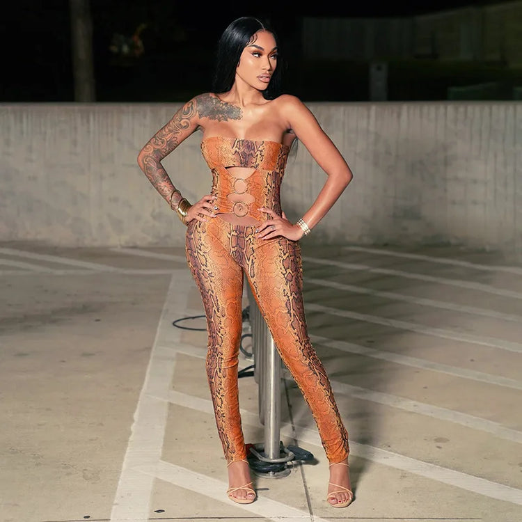 STYLISH LADY Snake Print Strapless Jumpsuits 2026 Women Hollow O Ring Sleeveless Bodycon Sexy Club Party Street Long Jumpsuit