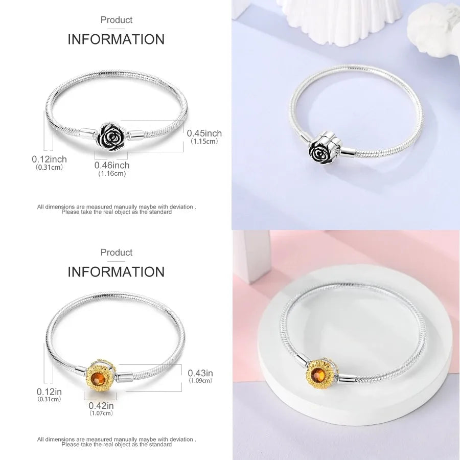 Silver 925 Bracelet Original Bracelets Colorful Zircon Heart Flower Cat Snake Chain For DIY Charms 17-20CM Luxury Jewelry Gifts