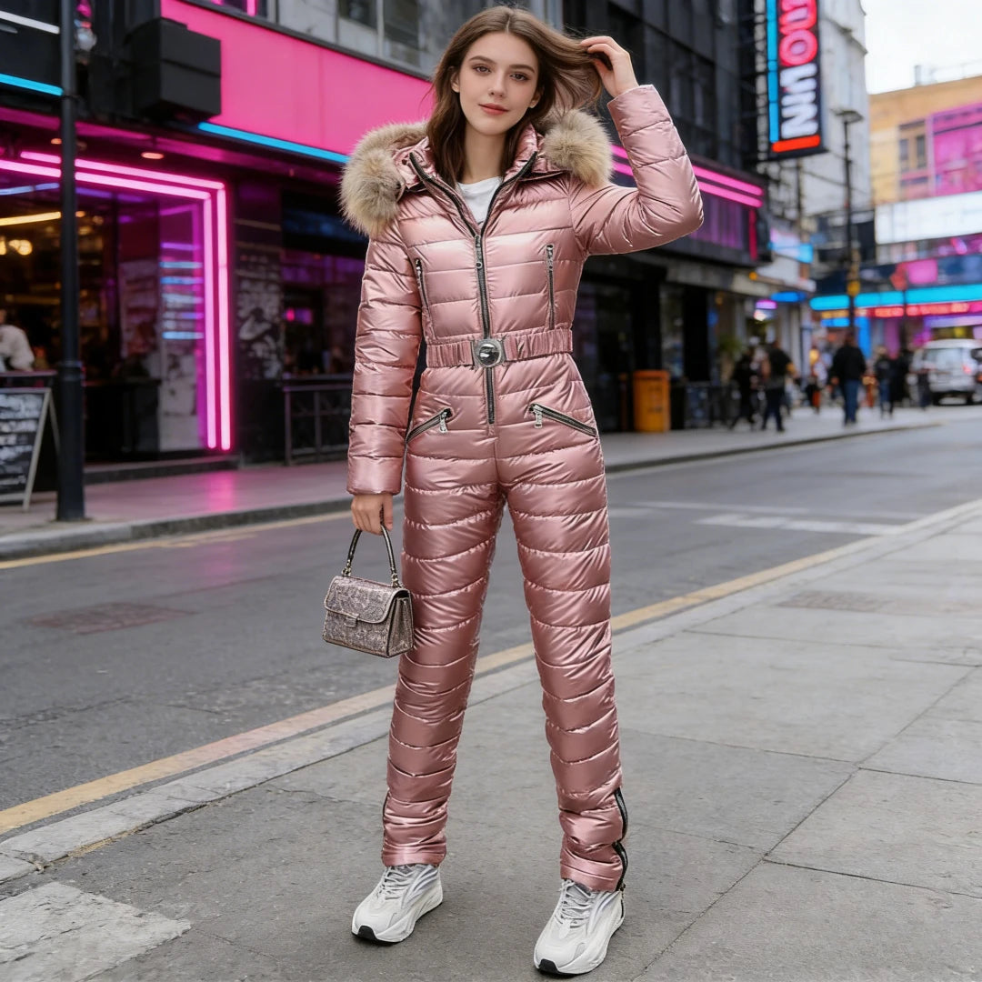 Jumpsuits One Piece Ski Suit Winter Thicken Snow Place Down Cotton Women Suits Warm Hooded Waist Slim Shiny Outdoor Sports