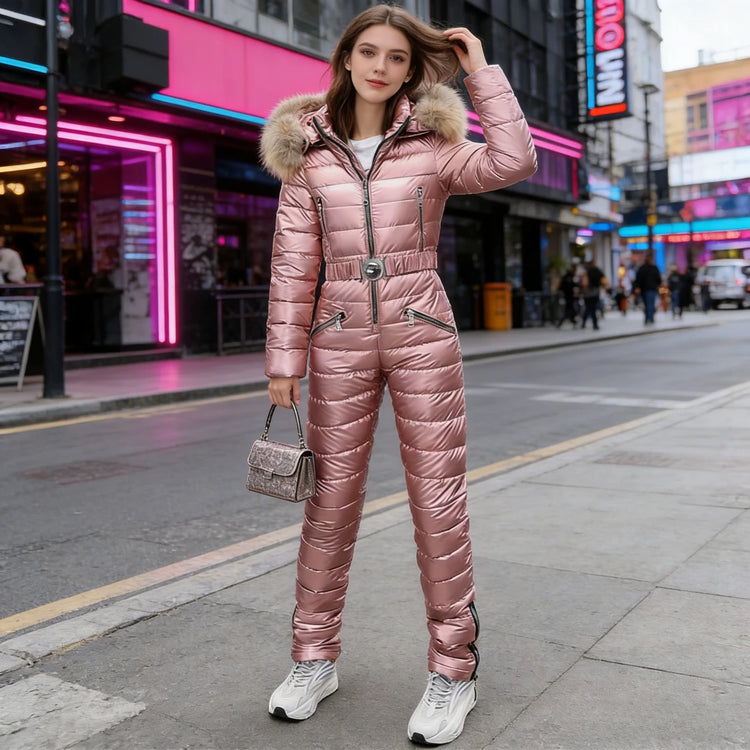 Jumpsuits One Piece Ski Suit Winter Thicken Snow Place Down Cotton Women Suits Warm Hooded Waist Slim Shiny Outdoor Sports