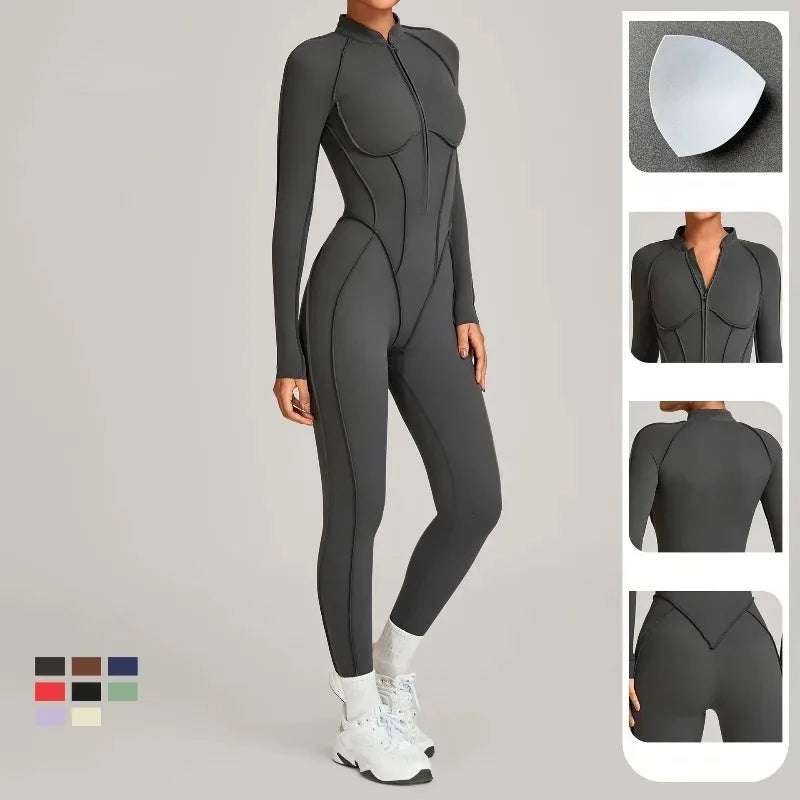 Women's Winter Yoga Jumpsuits Sports Fitness Hip-Lifting Slimming One-piece Zipper Long-Sleeved Outdoor Gym Workout Bodysuits