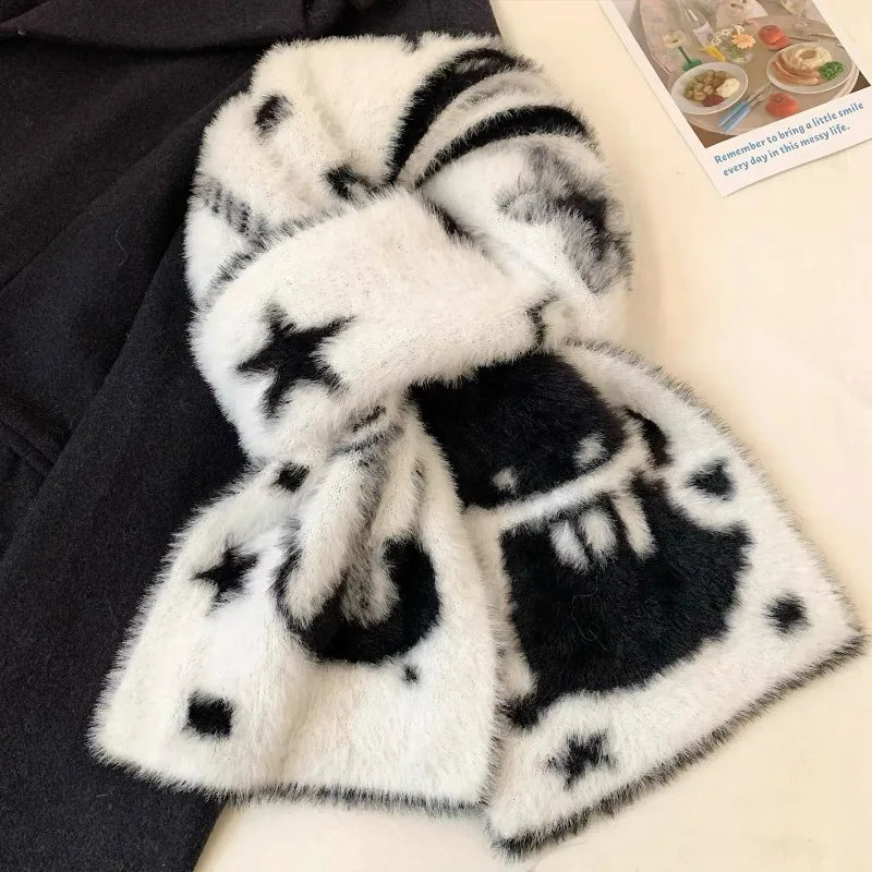 Y2K Guitar Cat Scarves for Women Winter Simulated Mink Fur Long Scarves Japanese Double-sided Knitted Long Luxury Mink Fur Wrap