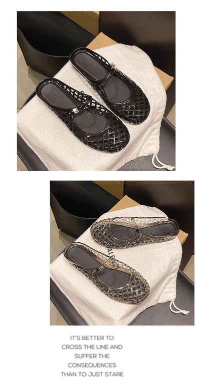 Women's Light Luxury Crystal Jelly Mary Jane Flat Sandals Hollow-out Breathable Closed Toe Summer Casual Non-slip Slip-on Shoes