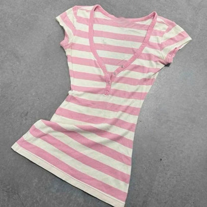 American Retro Hottie T-shirts Pink Striped V-neck Short-sleeved Tees Women's Slim-fit All Match Sweet Tops Casual Streetwear
