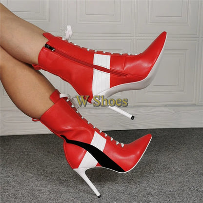 Red Pointed Toe Lace Up Sports Ankle Boots Woman Winter 2026 Color Blocking Side Zipper Stiletto Women's Boots Plus Size