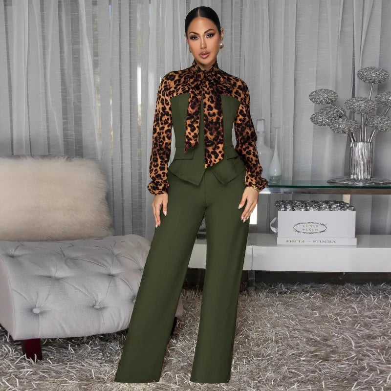 Doyerl Leopard Patchwork Shirt Style Jumpsuits Woman Elegant Vintage Long Sleeve High Waist One Piece Rompers Women Jumpsuit