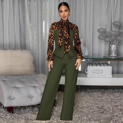 Doyerl Leopard Patchwork Shirt Style Jumpsuits Woman Elegant Vintage Long Sleeve High Waist One Piece Rompers Women Jumpsuit