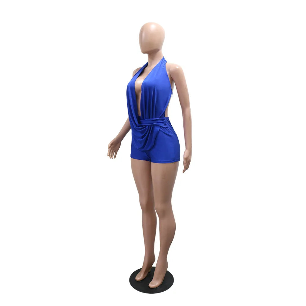HBLL Sexy Deep V-neck Halter Backless Bodycon Rompers Woman Playsuit Twist Ruched Jumpsuit Short Overalls Night Party Outfits