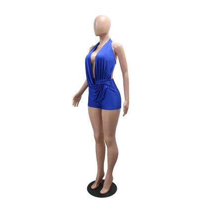 HBLL Sexy Deep V-neck Halter Backless Bodycon Rompers Woman Playsuit Twist Ruched Jumpsuit Short Overalls Night Party Outfits