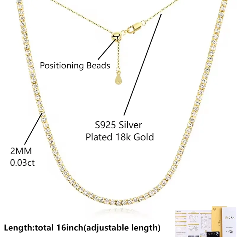 COSYA 2mm Moissanite Tennis Necklace for Women 100% S925 Silver 18K Rose Gold Plated Sparkling Choker Chain Fine Party Jewelry