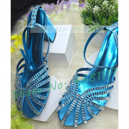 Crystal Caged Mid Block Heel Satin Sandals Women Metallic Leather Luxury Feminine Shoes Ladies Summer Ankle Strap Evening Shoes